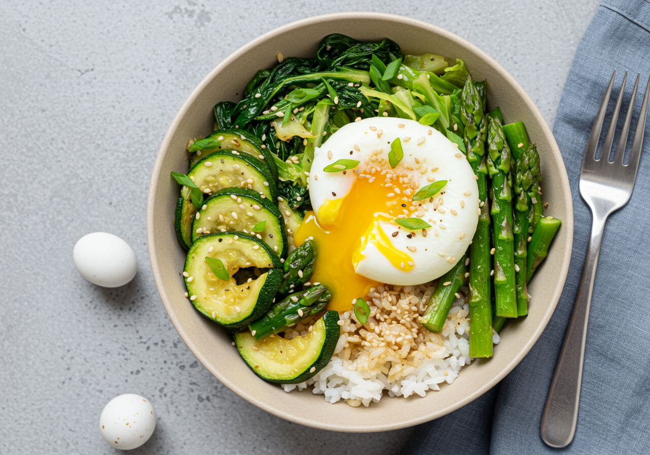 Easter Rice Vegetable Bowl with Poached Egg