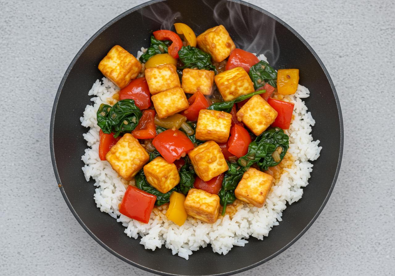 Spinach, Bell Pepper, and Paneer Stir-Fry with Rice