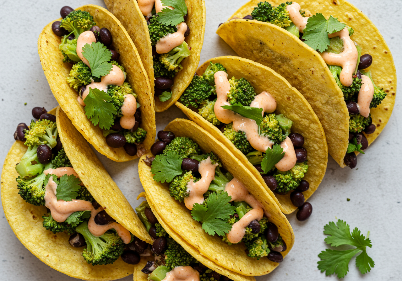 Broccoli & Black Bean Taco Fiesta with Chipotle Crema