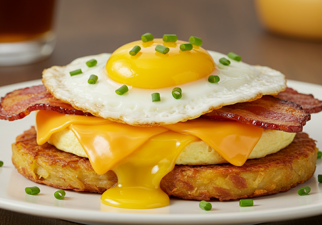 Gourmet Hashbrown Breakfast Sandwich with Aged Cheddar and Maple Bacon