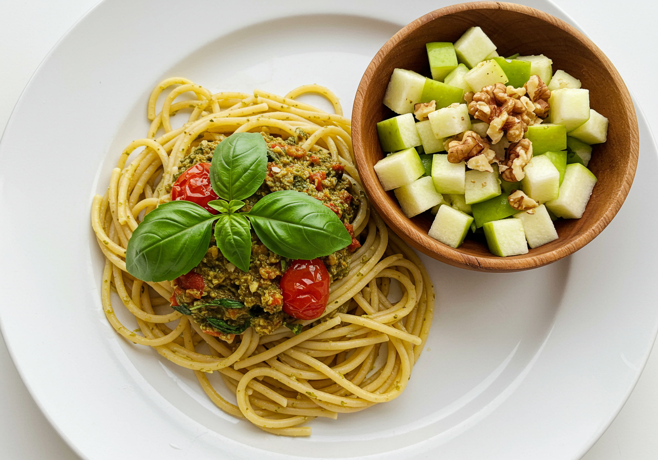 Spaghetti with Broccoli-Tomato Pesto & Apple-Walnut Salad