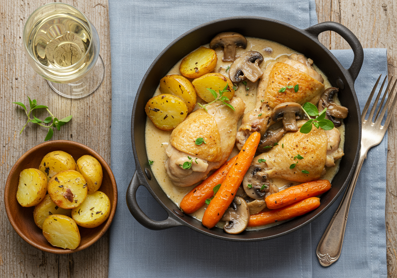Coq au Vin Blanc with Roasted Potatoes and Carrots
