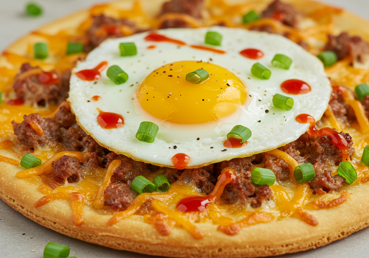 Savory Breakfast Pizza with Sausage, Cheddar, and Fried Egg