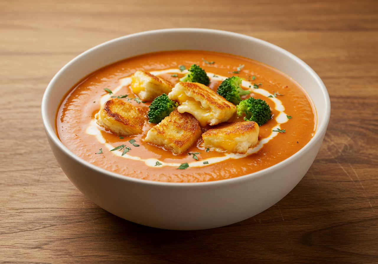 Creamy Tomato & Broccoli Soup with Havarti Grilled Cheese Bites