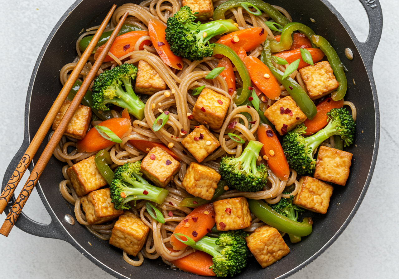 Vegetarian Thai Stir-Fry with Shirataki Noodles and Peanut-Free Sauce (Serves 10)