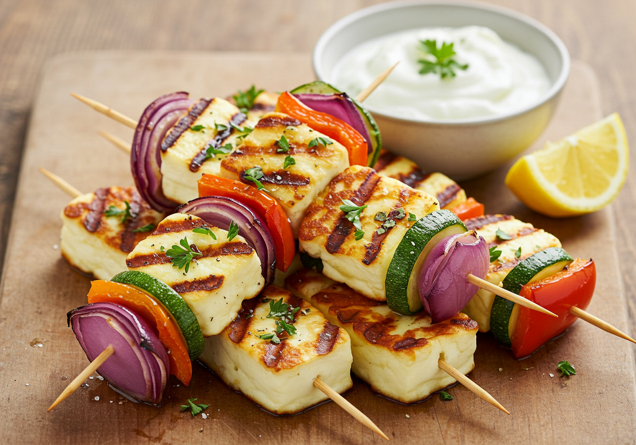 Halloumi and Vegetable Skewers with Tzatziki Sauce