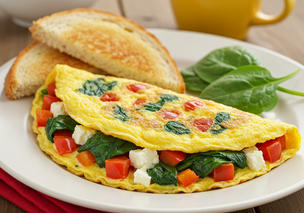 Spinach, Bell Pepper, and Feta Omelette with Toast