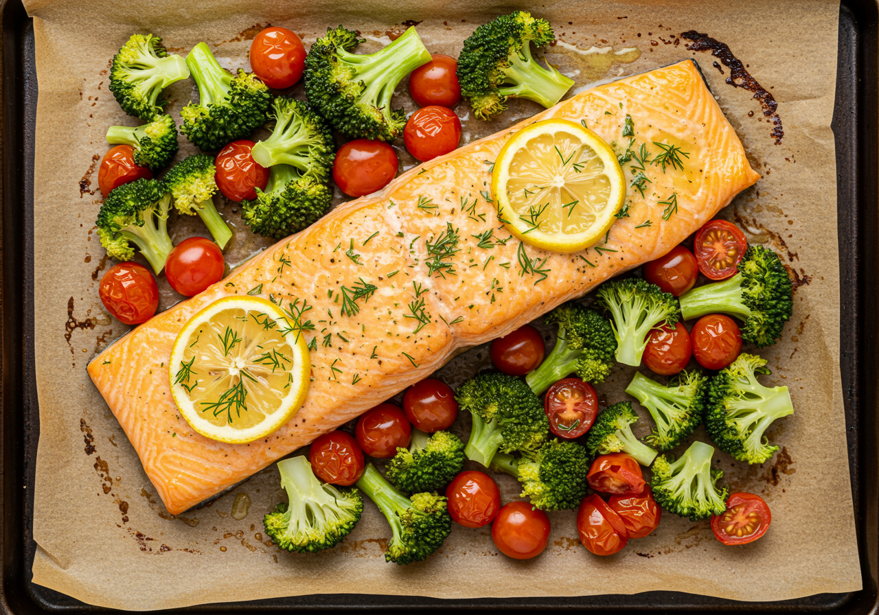 Broccoli & Tomato Baked Salmon with Lemon-Dill Butter Sauce