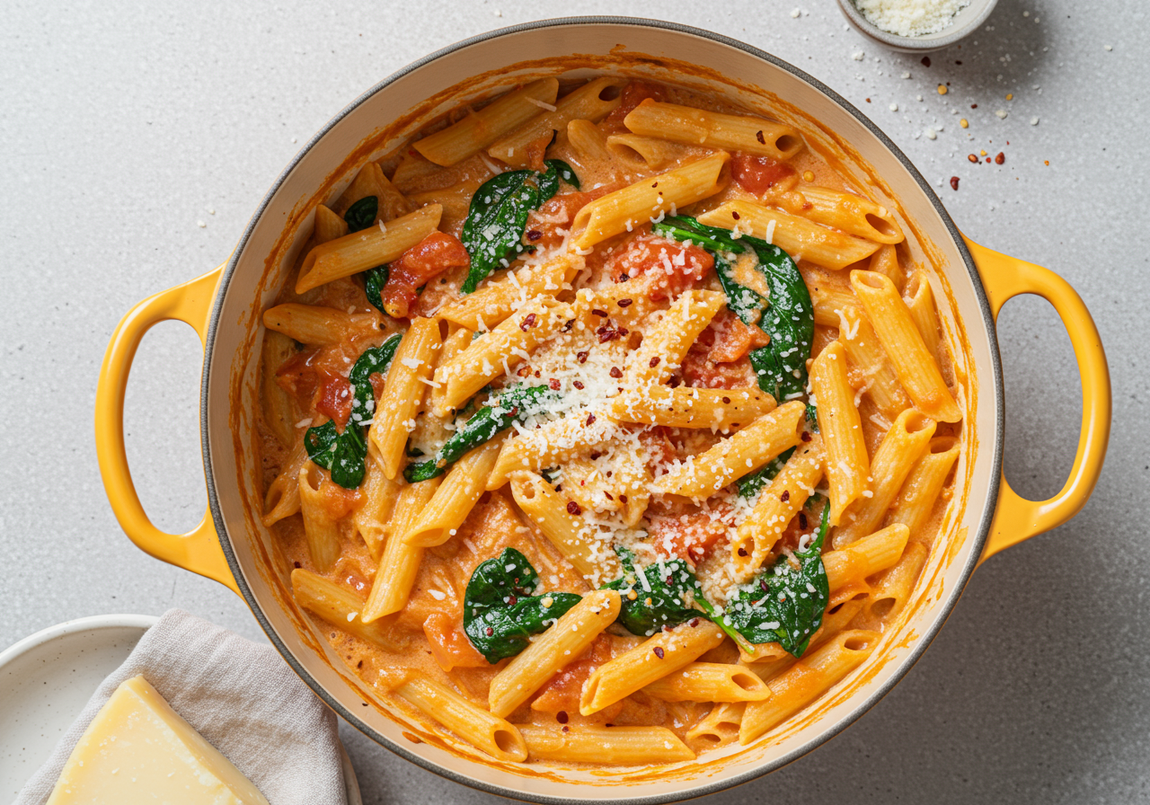 One-Pot Creamy Tomato and Spinach Pasta (Italian)