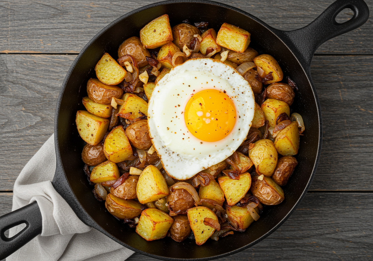 Potato, Onion and Garlic Hash with Fried Egg