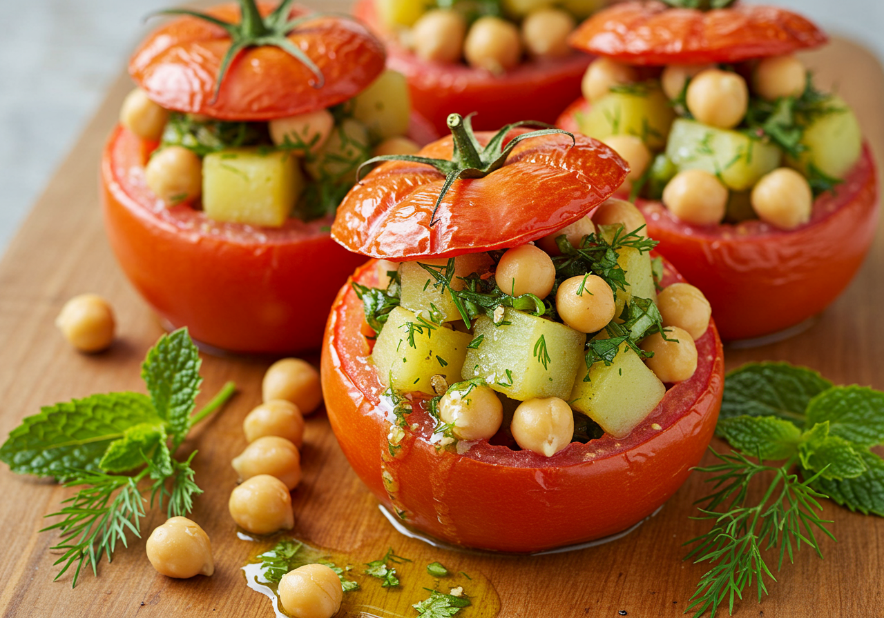 Chickpea and Potato Stuffed Tomato with Lemon-Herb Dressing