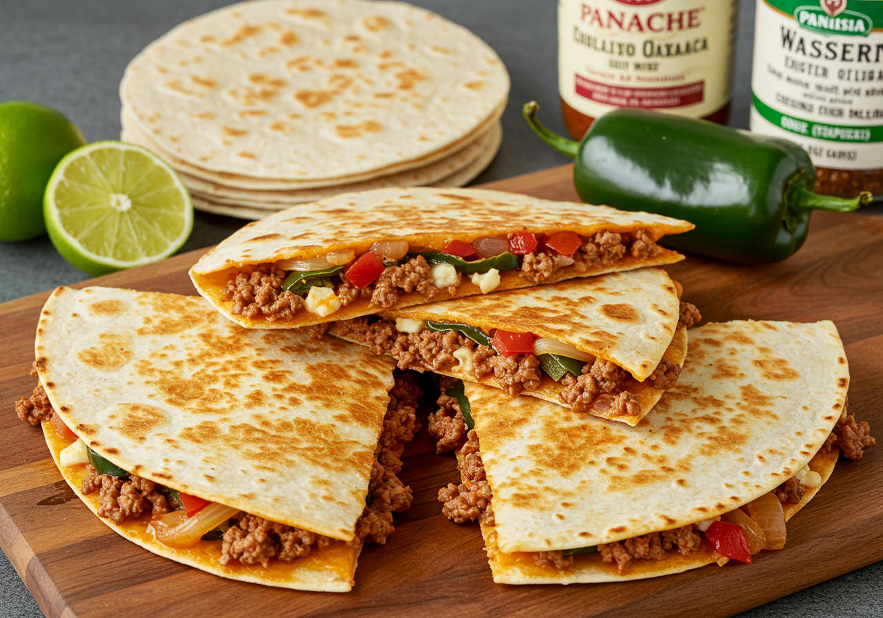 Spicy Chorizo-Style Ground Beef Quesadillas with Sautéed Poblano Peppers and Queso Oaxaca