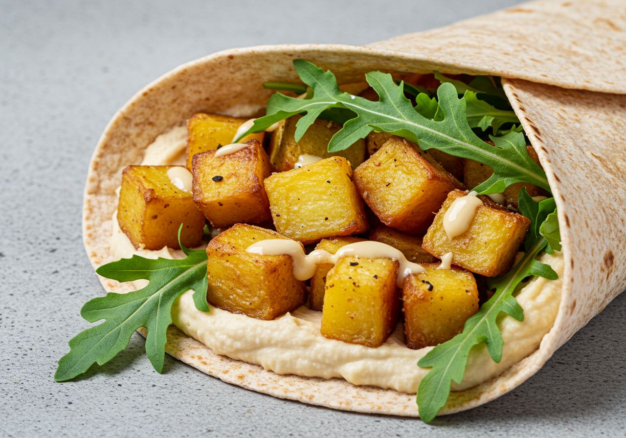 Roasted Potato and Garlic Hummus Wrap