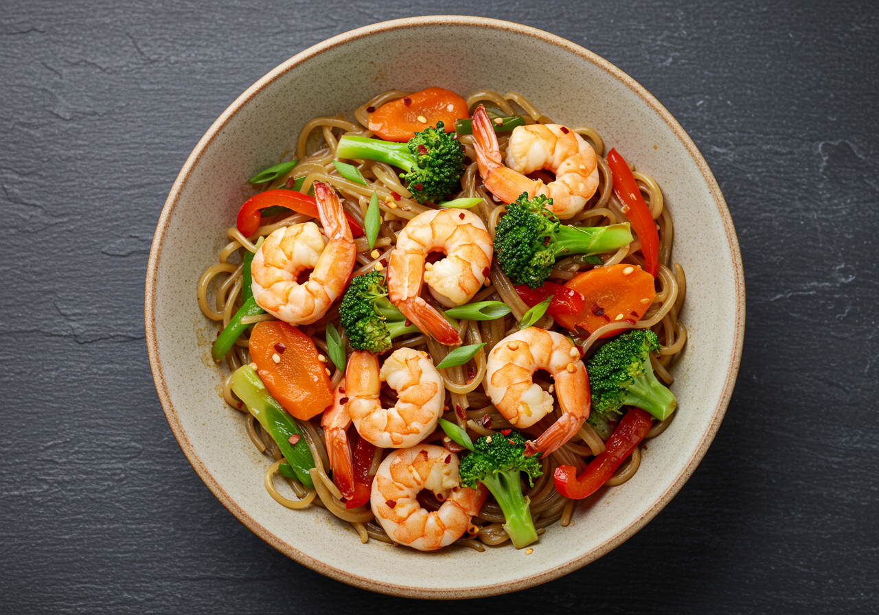 Thai Shrimp Stir-Fry with Shirataki Noodles and Peanut-Free Sauce