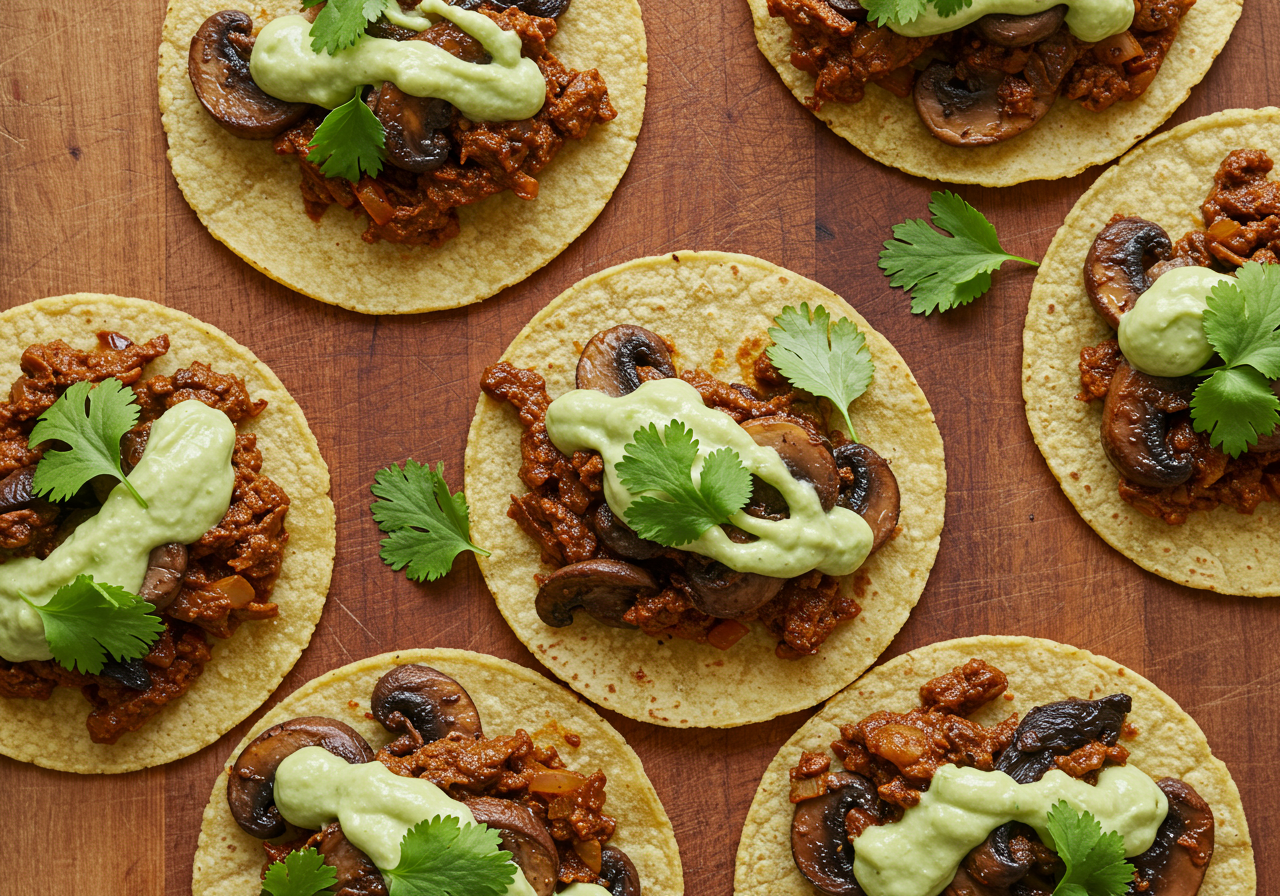 Spicy Mushroom Tacos with Avocado Crema (Mexican)