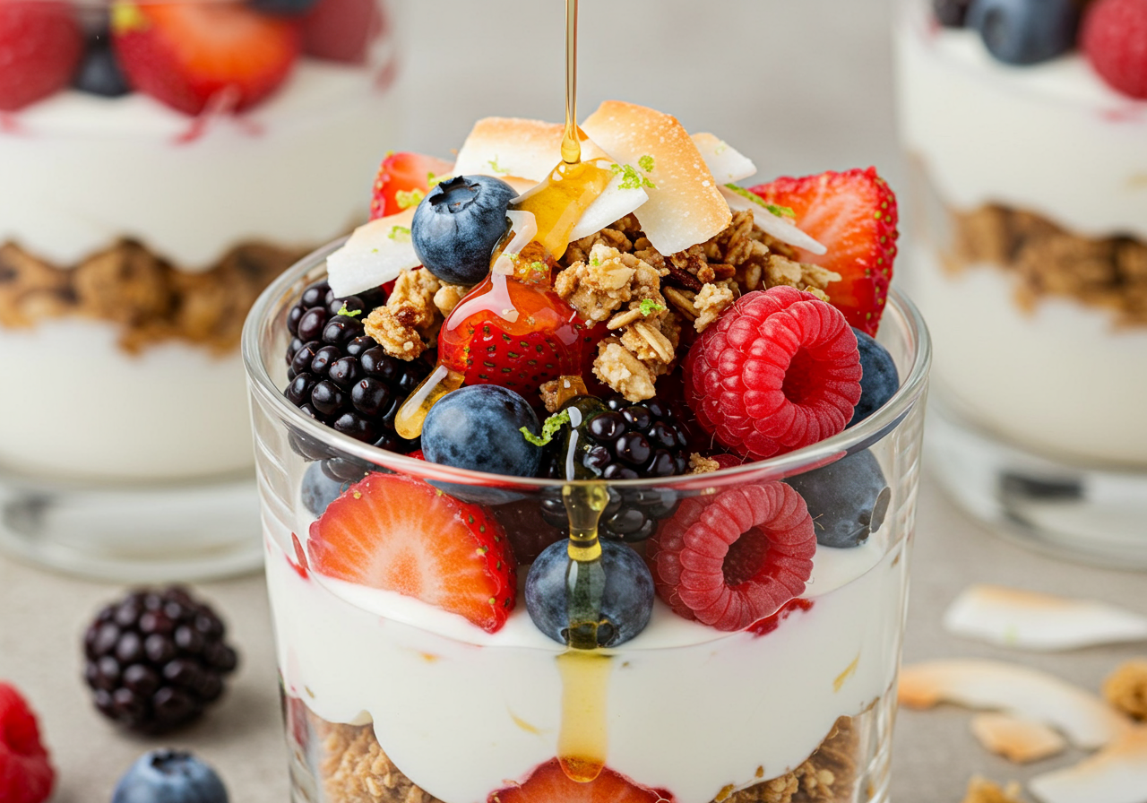 Elevated Berry and Yogurt Parfait with Toasted Coconut and Honey-Lime Drizzle