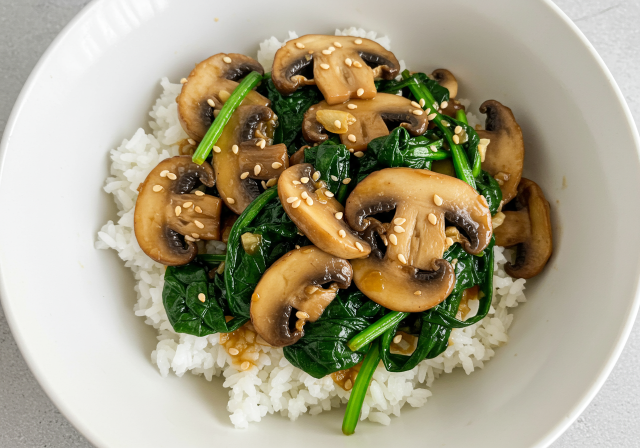 Mushroom and Spinach Stir-Fry with Rice