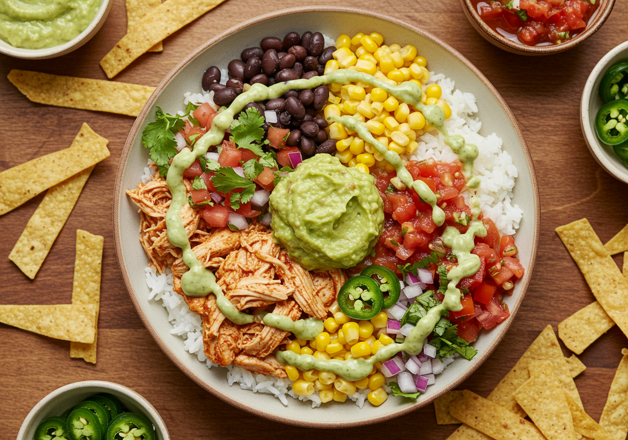 Deconstructed Mexican-Inspired Chicken and Rice Bowls with Crispy Tortilla Strips and Chipotle Lime Dressing