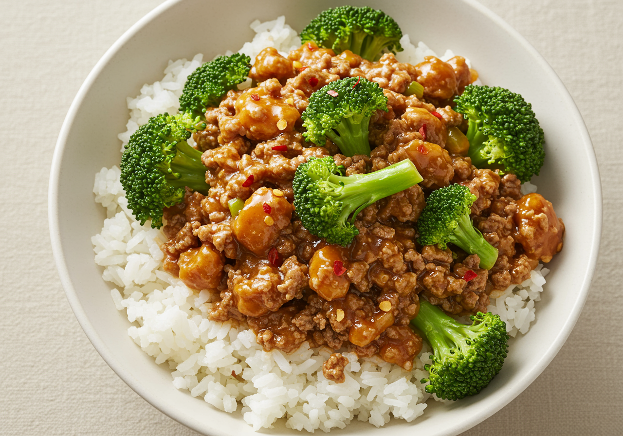 Ground Beef & Broccoli Rice Bowl with Soy-Free Sauce