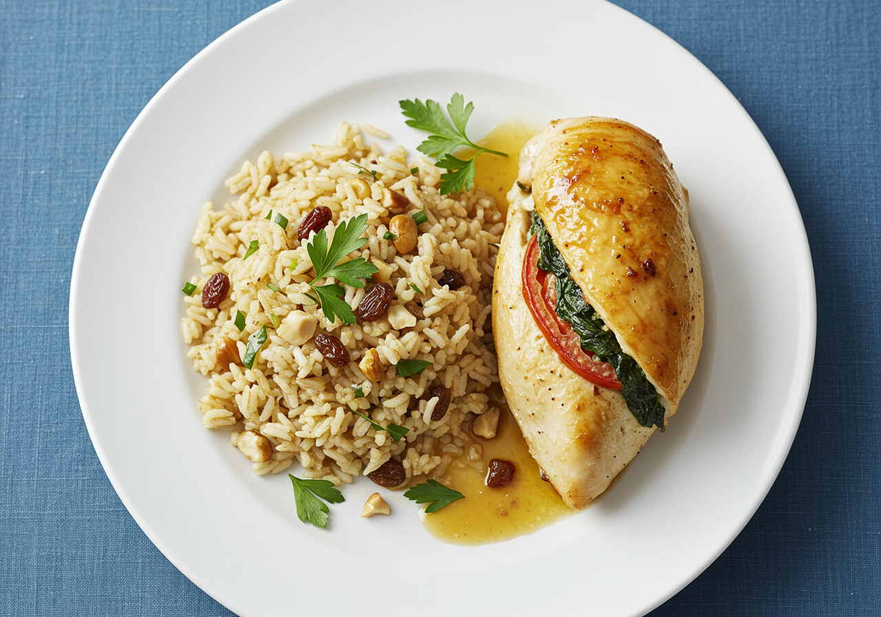 Spinach and Tomato Stuffed Chicken Breast with Rice Pilaf
