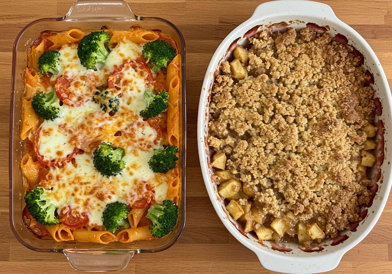 Broccoli & Tomato Pasta Bake with Apple Crumble