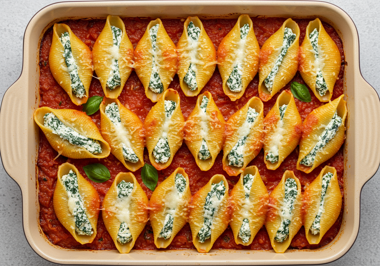 Spinach and Ricotta Stuffed Pasta Shells with Tomato-Basil Sauce