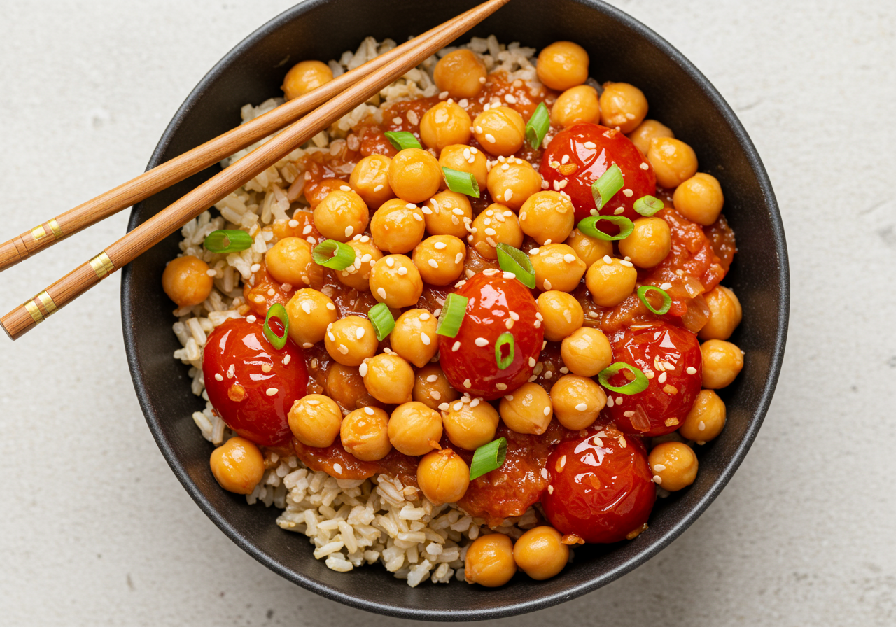 Spicy Korean Chickpea & Tomato Rice Bowl