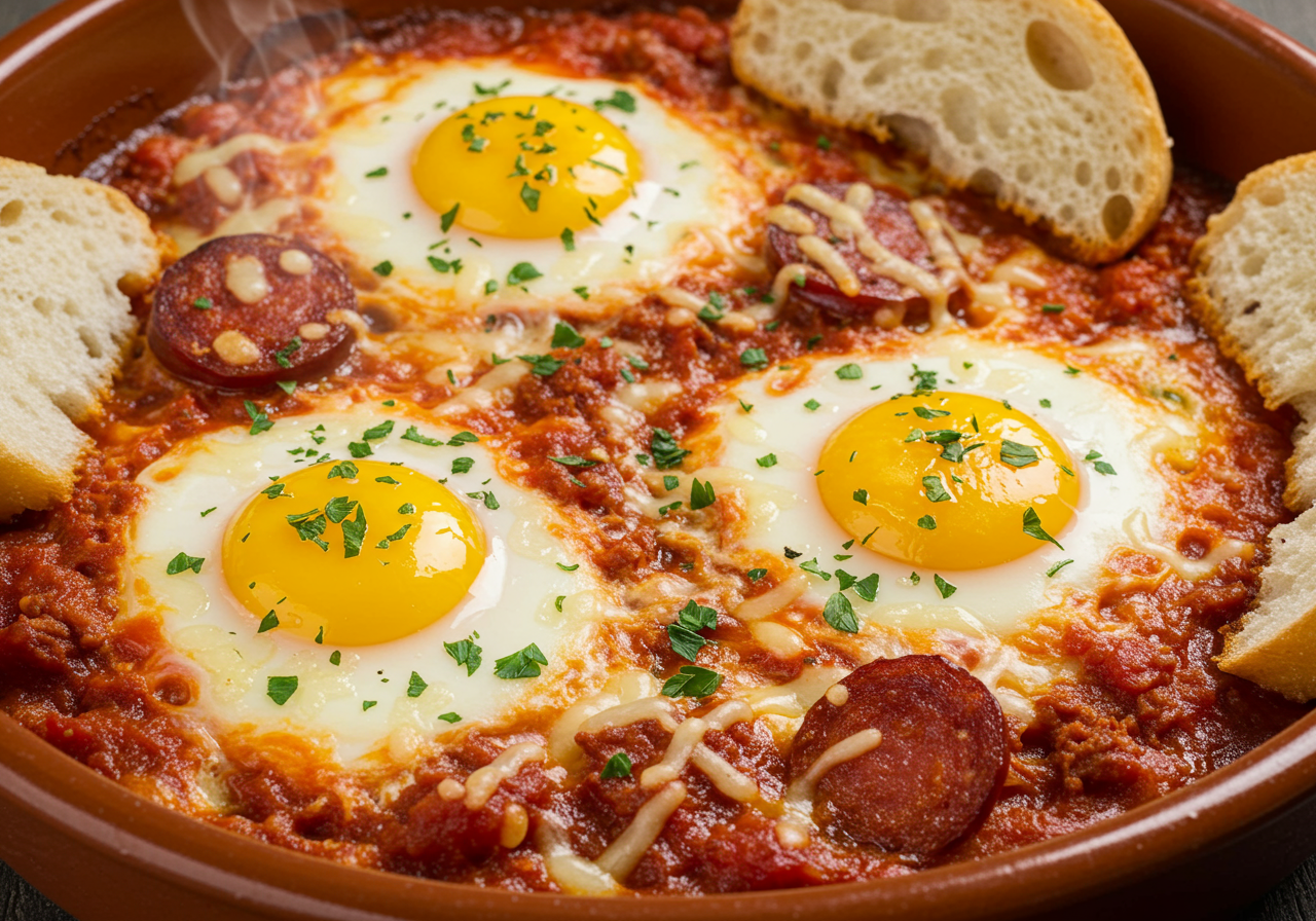 Elevated Spanish Baked Eggs with Chorizo and Manchego