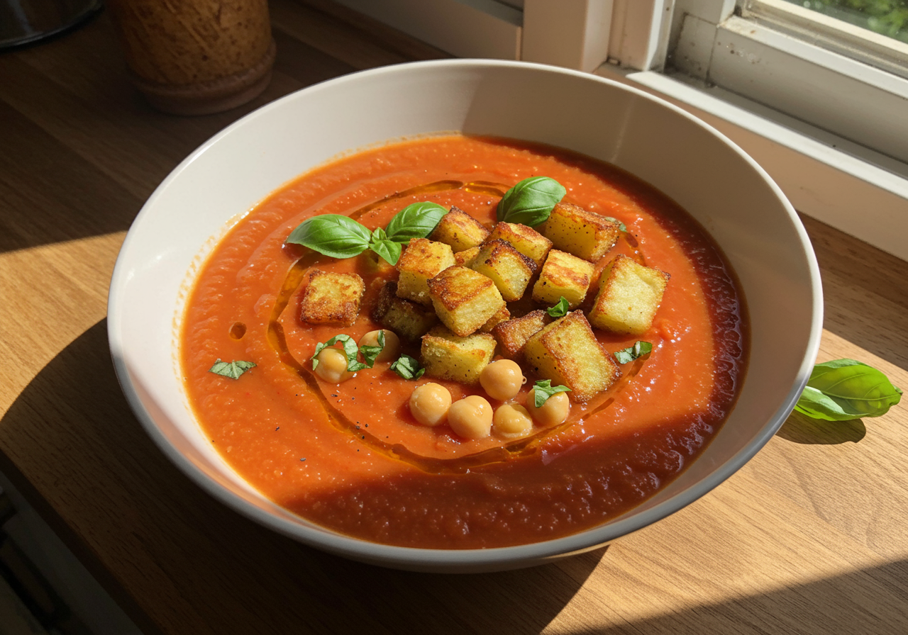 Tomato and Chickpea Soup with Roasted Potato Croutons