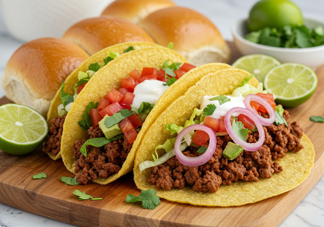 Spicy Chipotle Ground Beef Tacos with Cilantro-Lime Crema and Pickled Onions
