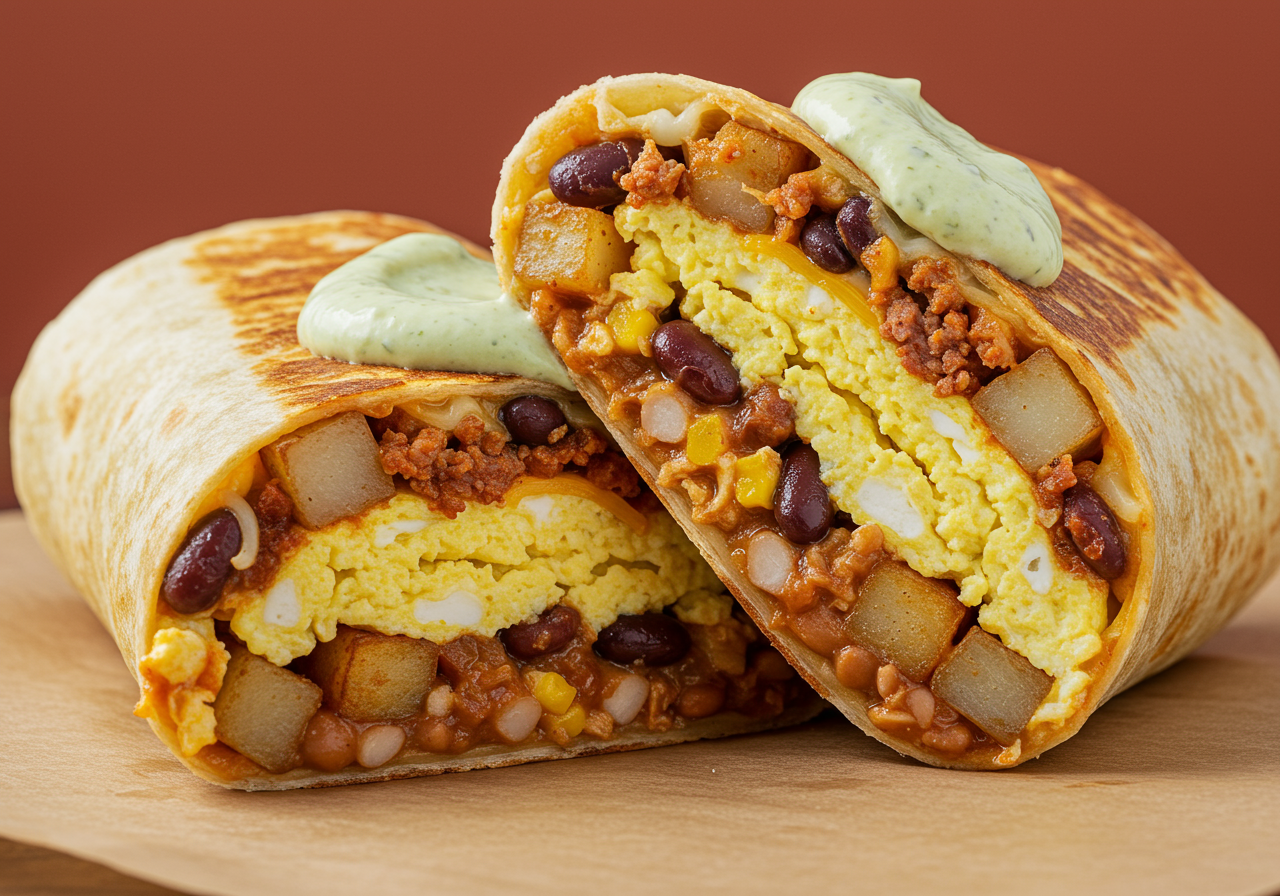 Spiced Breakfast Burrito with Chorizo and Avocado Crema