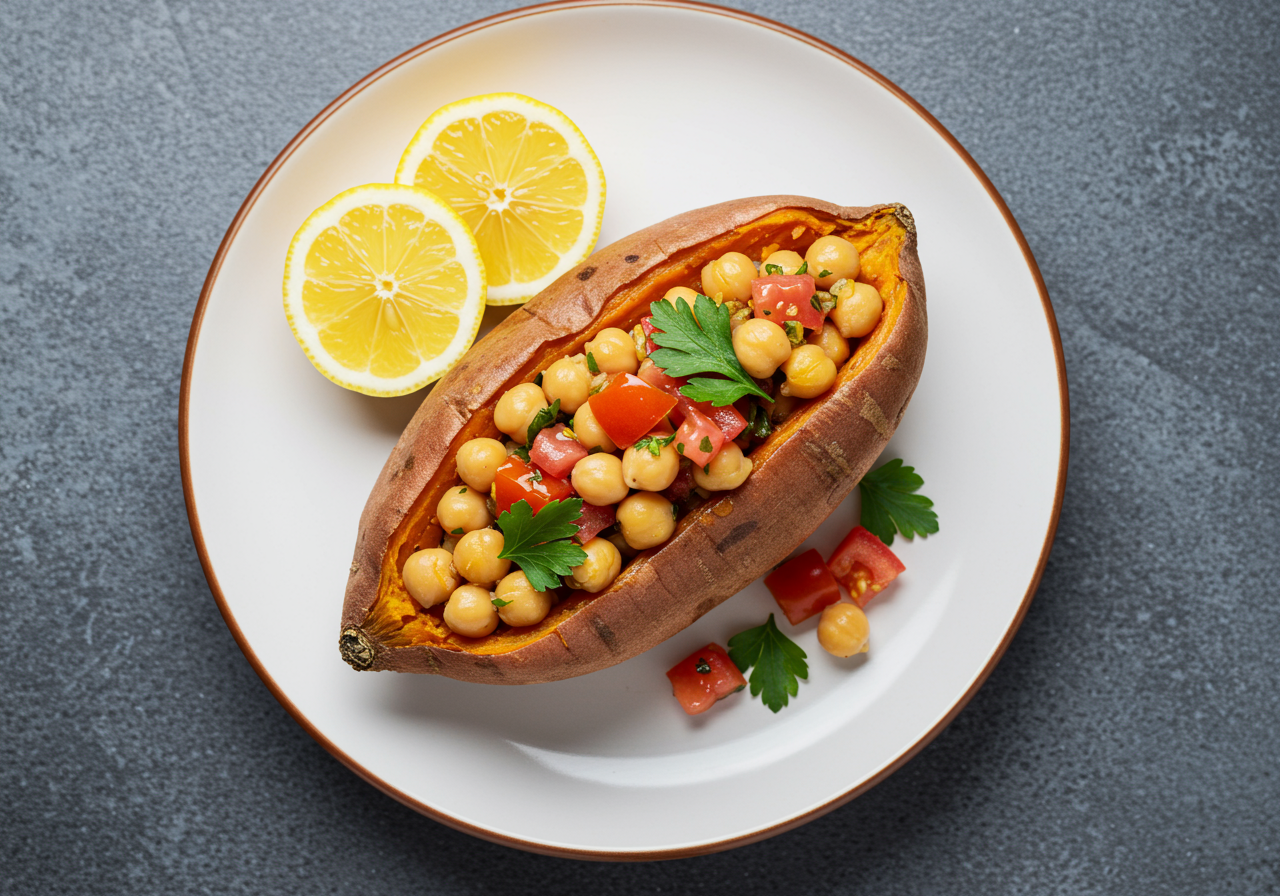 Chickpea & Tomato Stuffed Sweet Potato