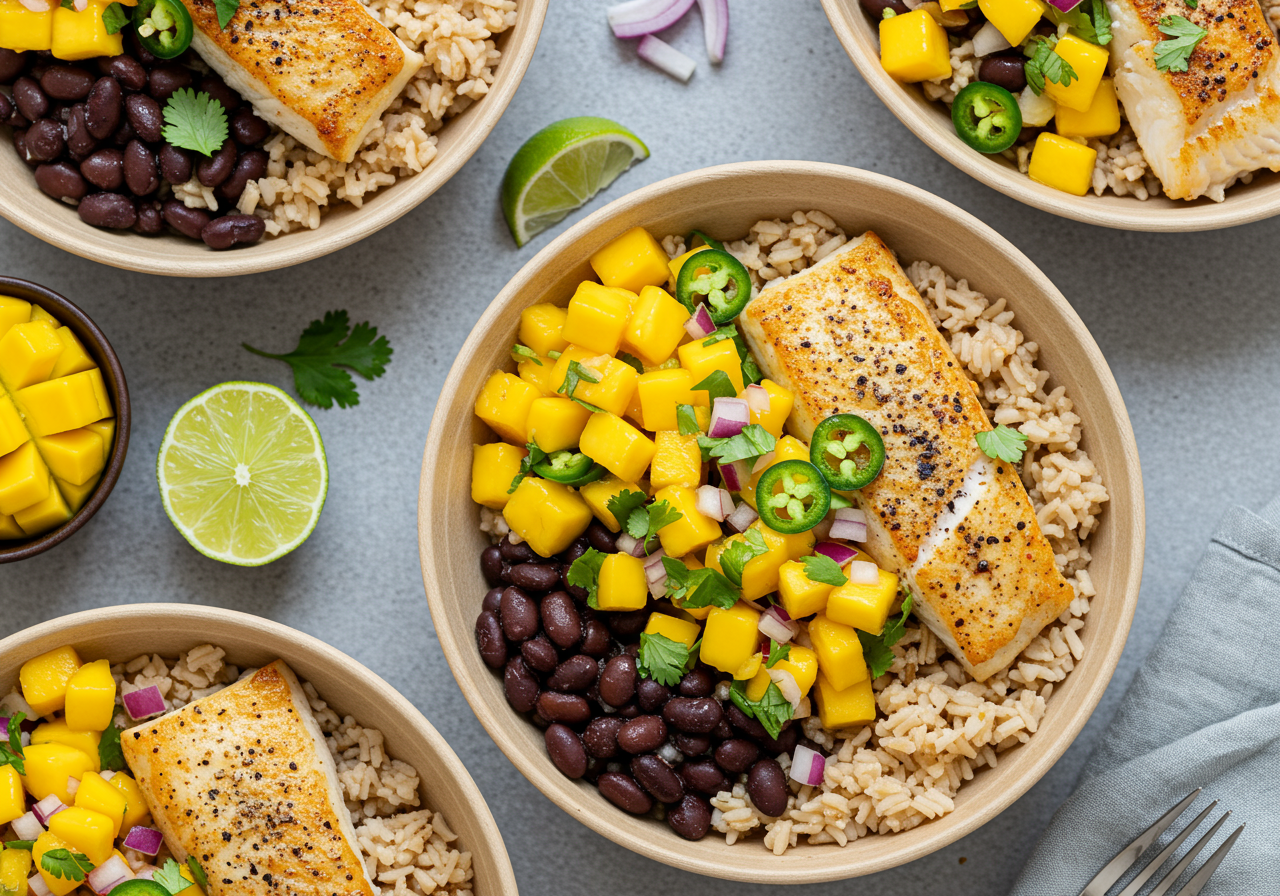 Halibut Taco Bowls with Mango Salsa