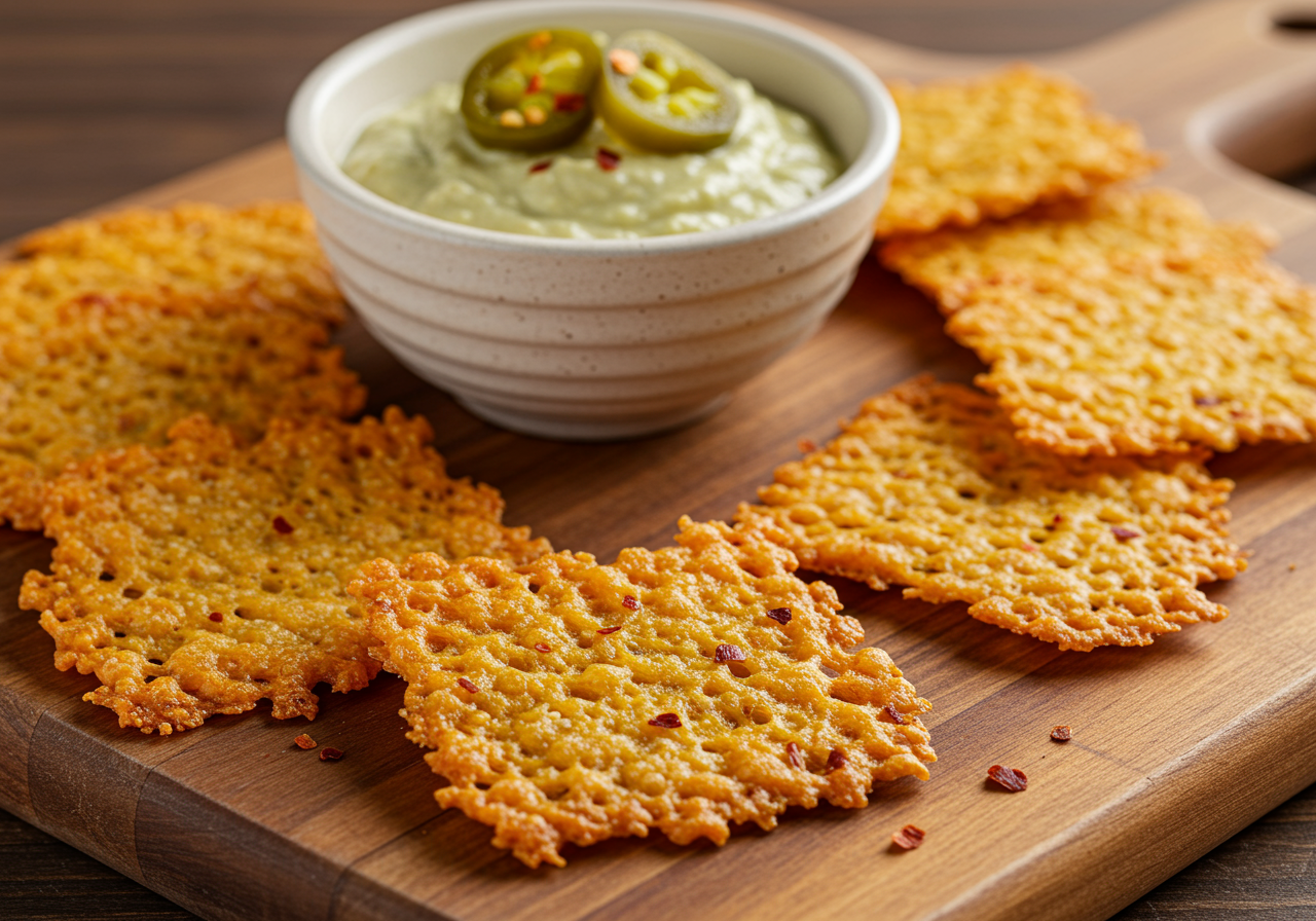 Keto Cheese Crisps with Pickled Jalapeño Dip