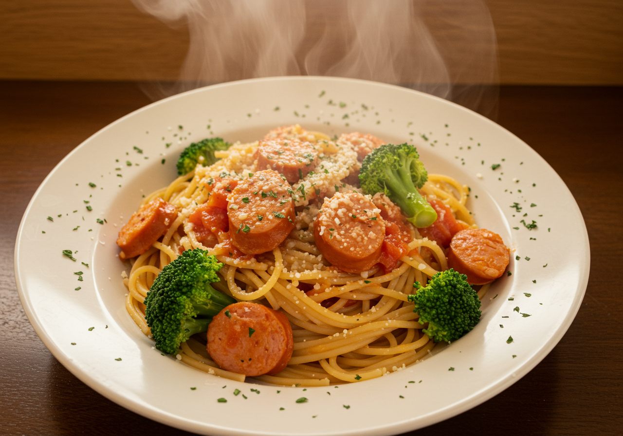 Spaghetti with Tomato-Broccoli & Sausage Ragu