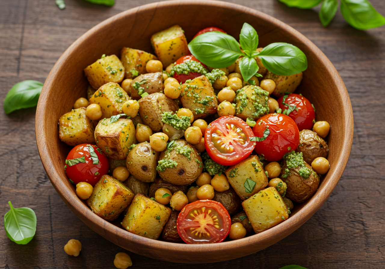 Roasted Tomato, Potato & Chickpea Bowl with Pesto
