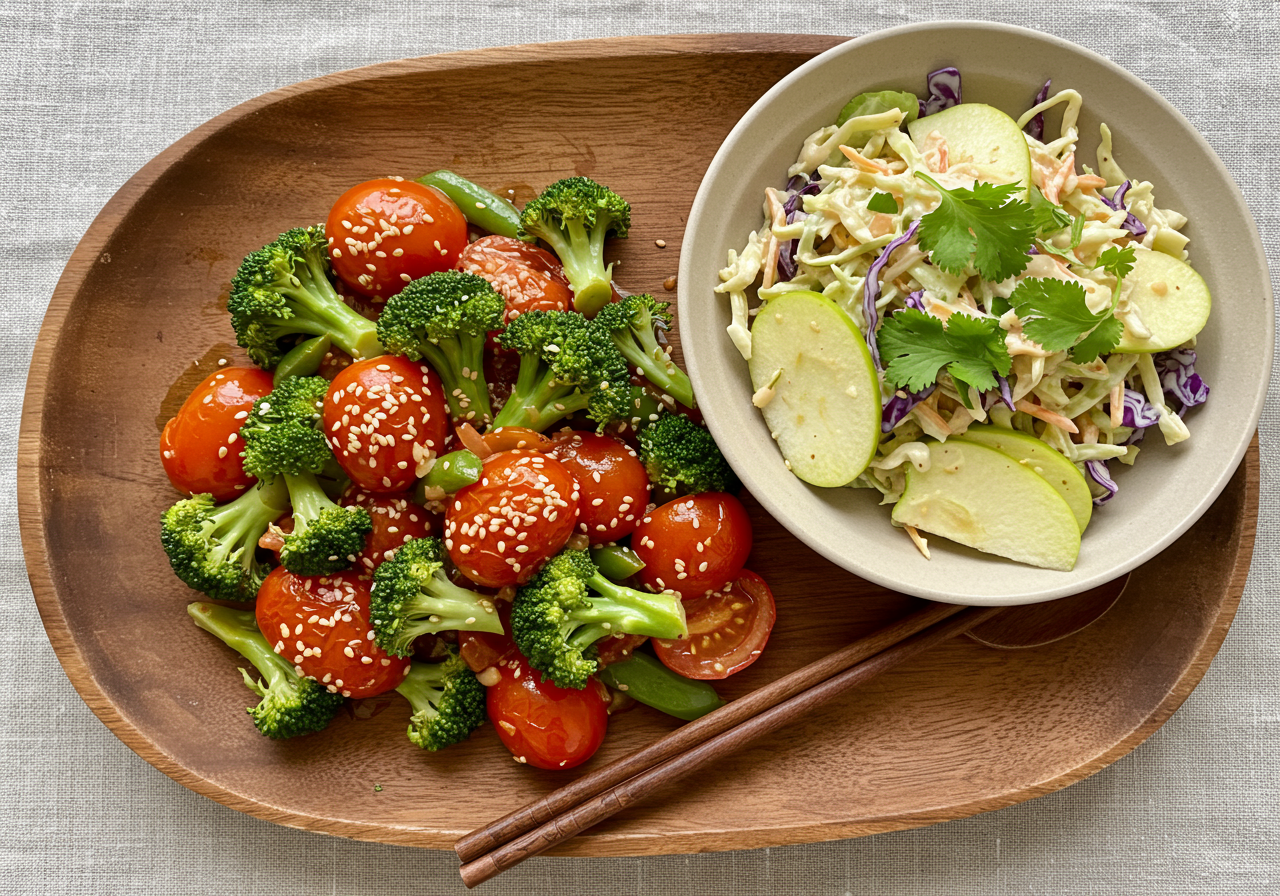 Tomato-Broccoli Stir-Fry with Toasted Sesame Seeds & Apple Slaw