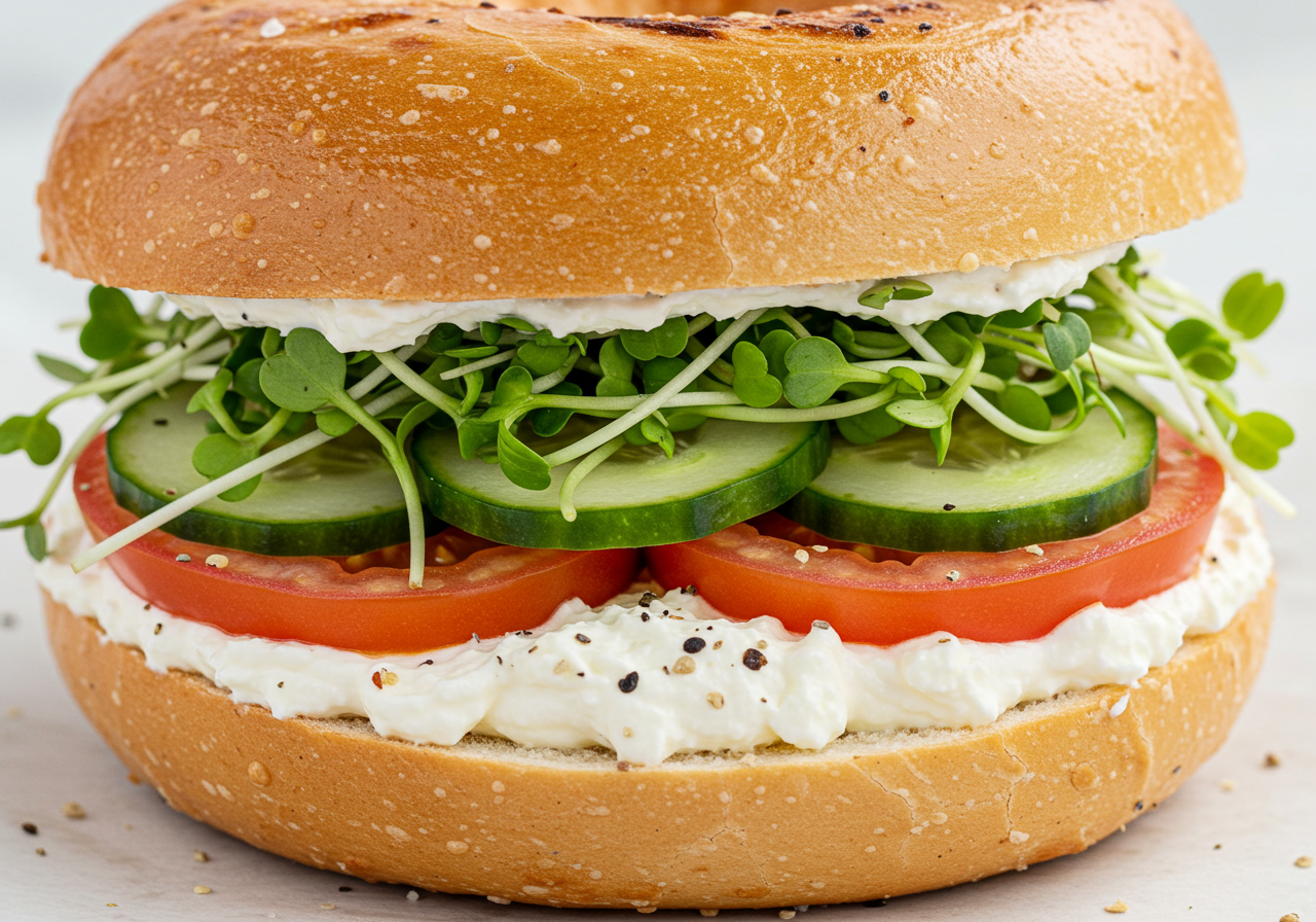 Montreal Bagel Sandwich with Cream Cheese and Veggies