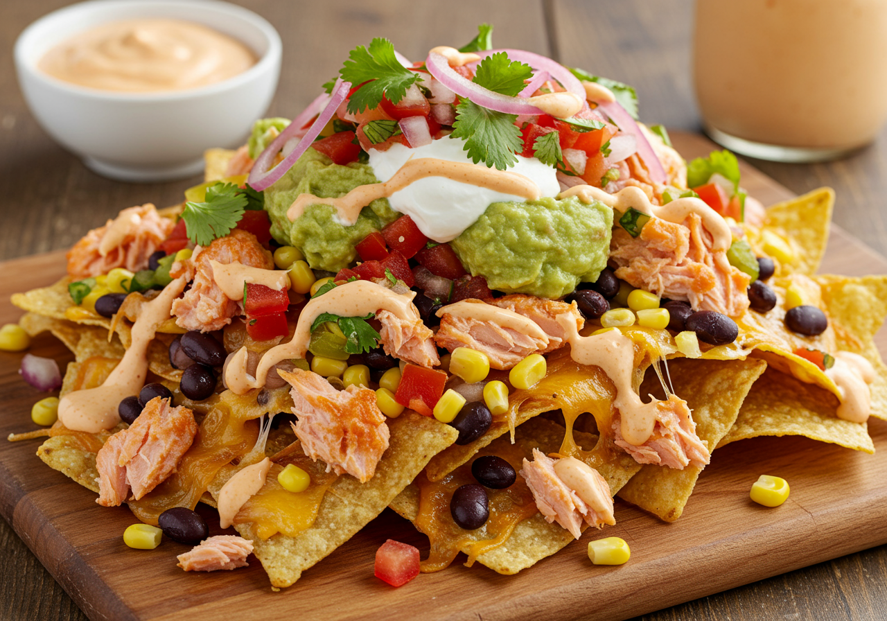 Loaded Salmon Nachos with Chipotle Crema and Pickled Red Onions