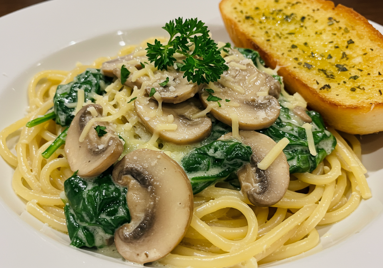 Mushroom and Spinach Pasta with Garlic Bread