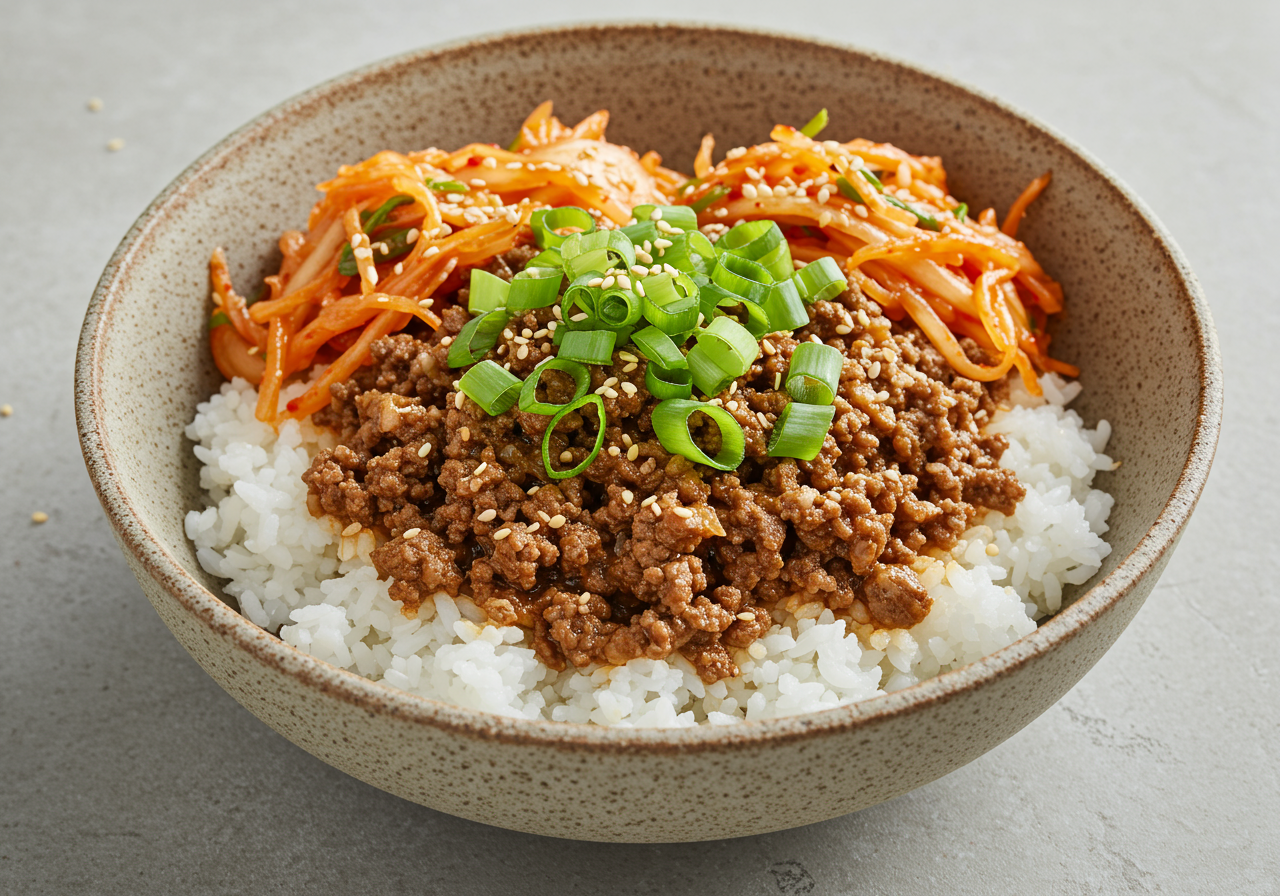Korean Ground Beef and Rice Bowl with Quick Kimchi