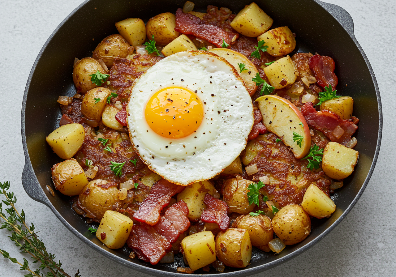 Gourmet Canadian Bacon & Apple Hash with Fried Duck Egg