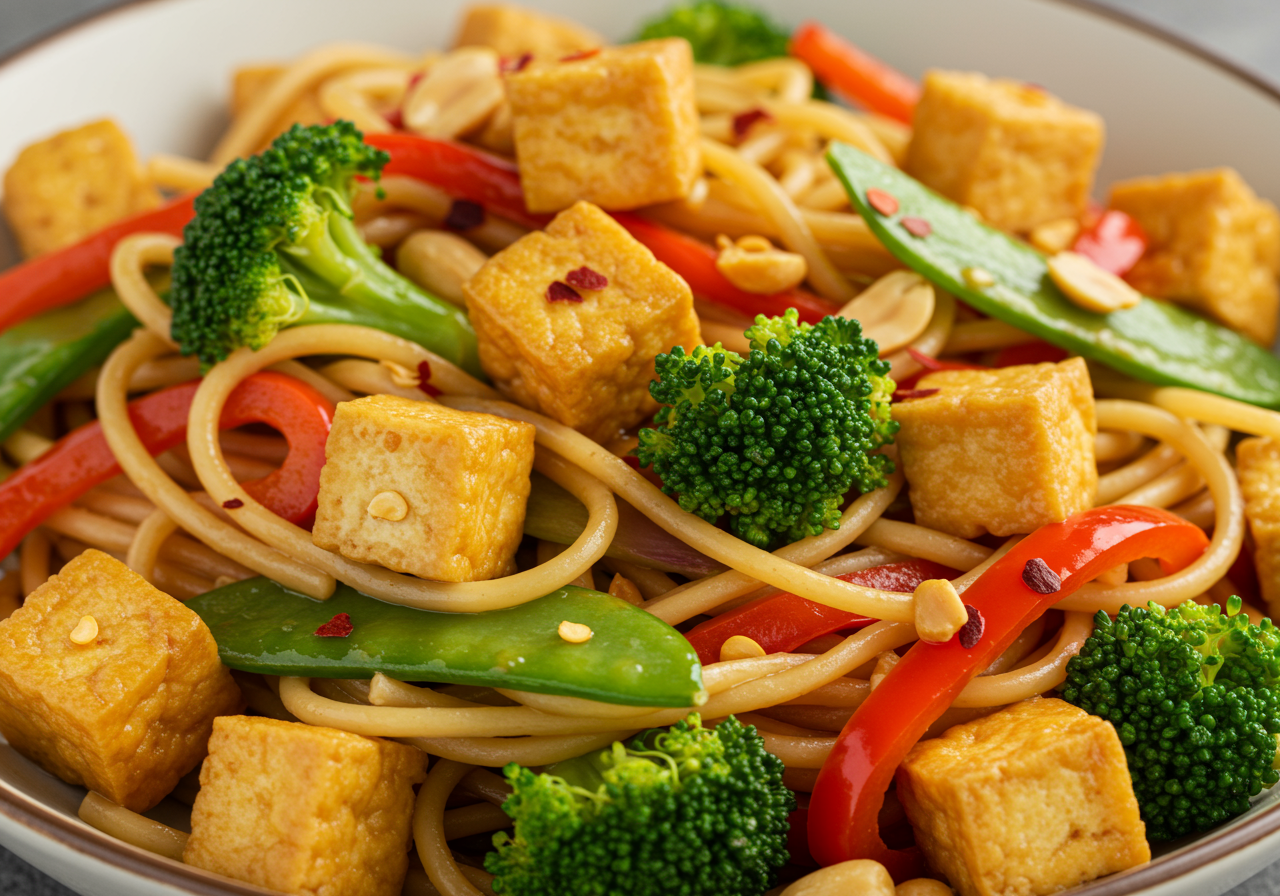 Chinese Stir-Fried Noodles with Tofu and Peanut Sauce