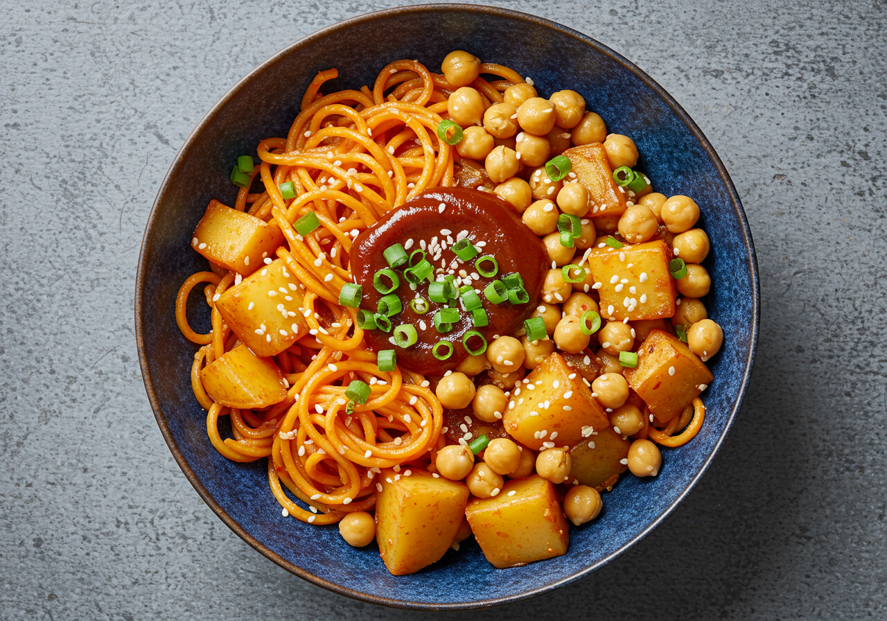 Korean-Inspired Chickpea & Potato Noodle Bowl