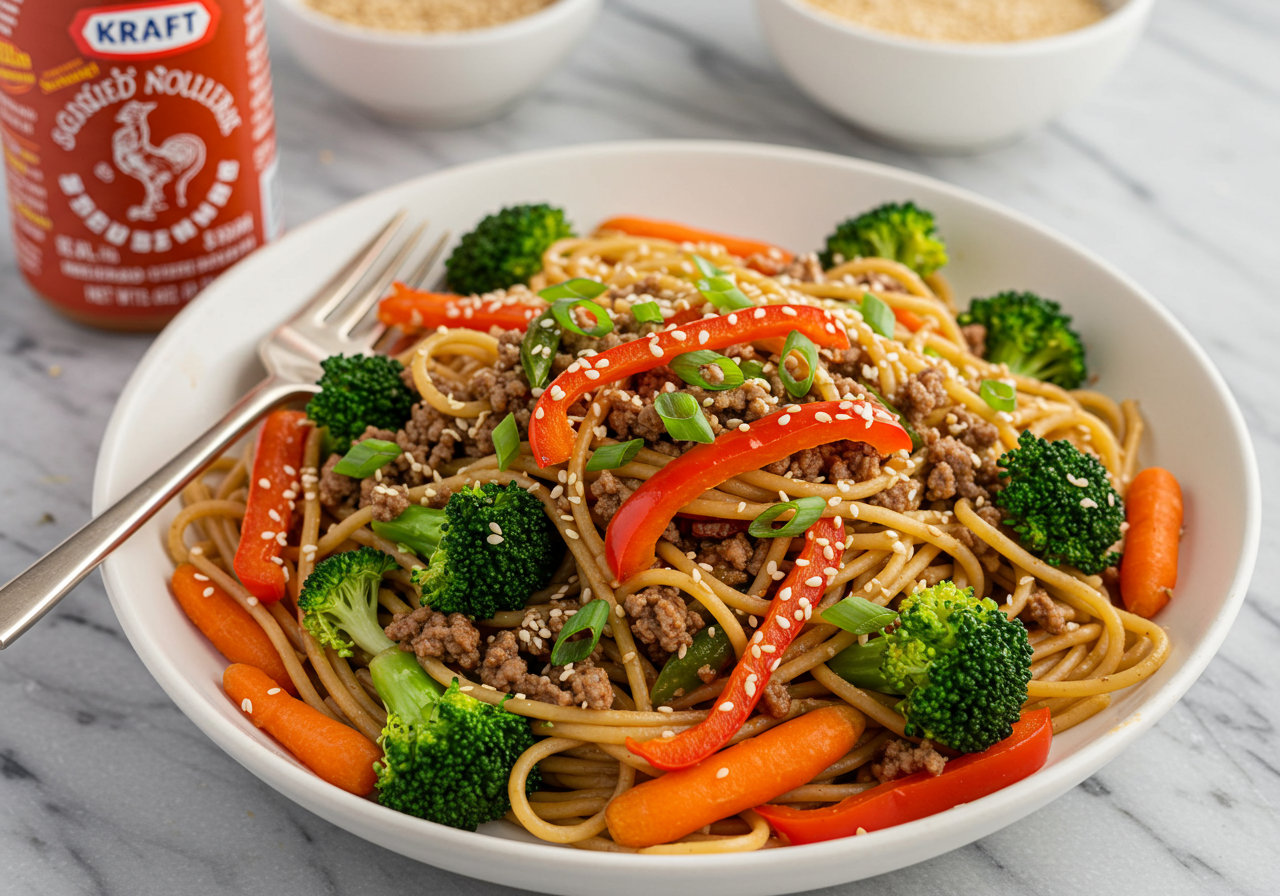 Spicy Peanut Noodles with Sautéed Ground Beef and Sesame Vegetables