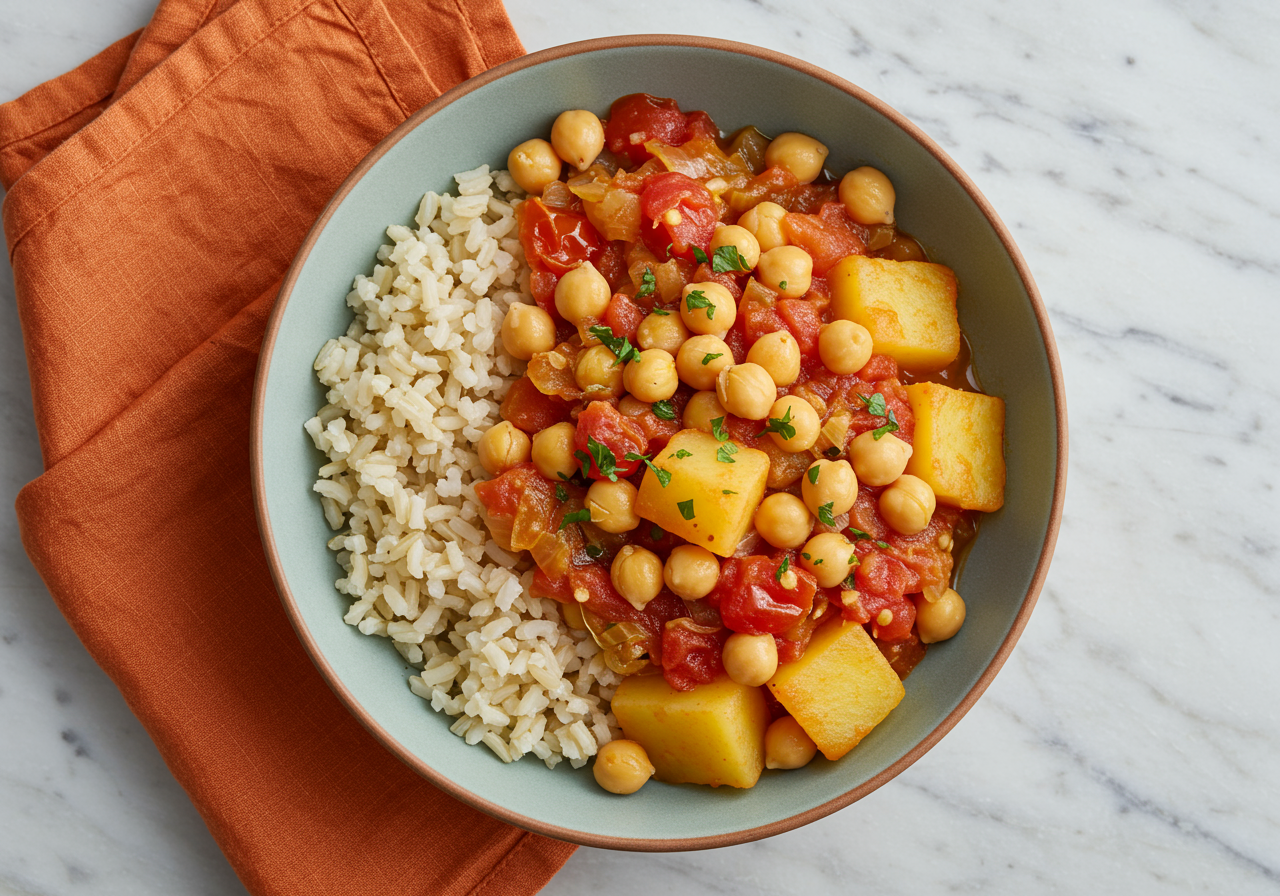 Spanish Chickpea & Tomato Rice Bowl with Potatoes