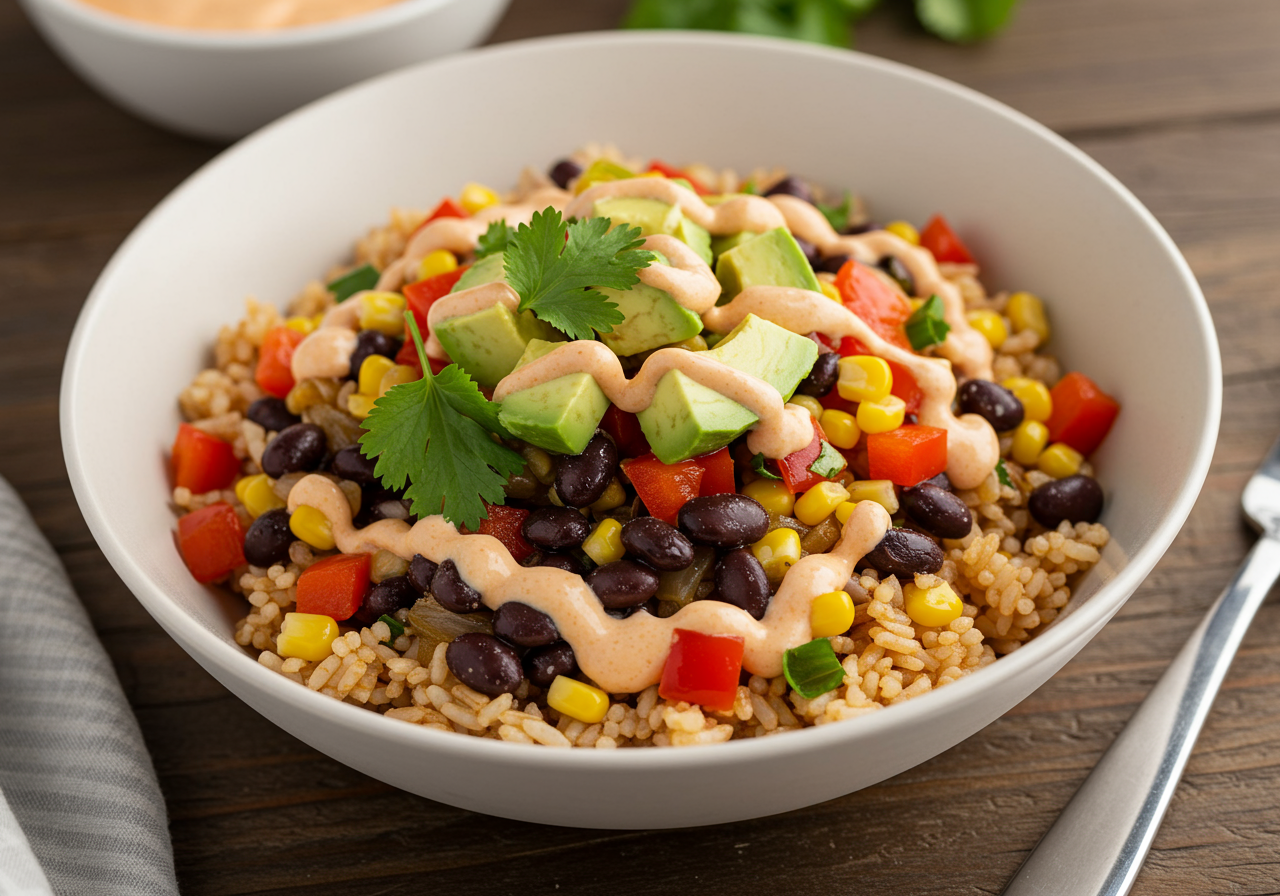 Spicy Black Bean and Corn Rice Bowls with Chipotle-Lime Crema