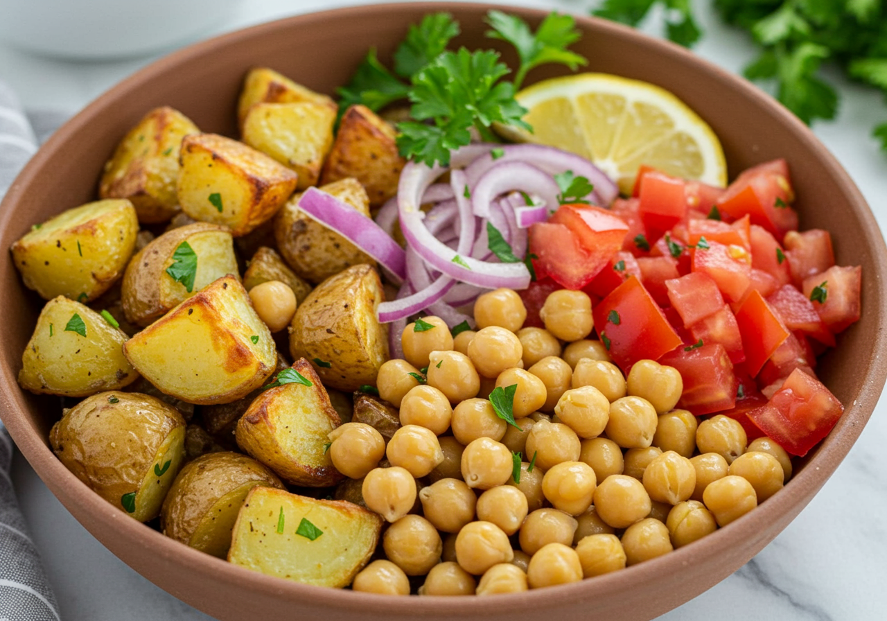 Mediterranean Chickpea, Potato, and Tomato Bowl with Lemon-Herb Dressing