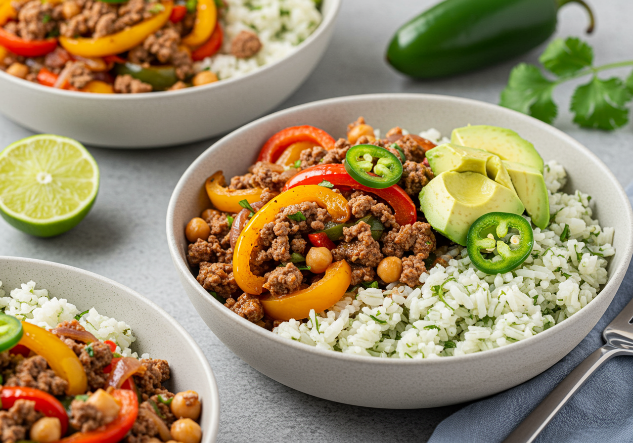 One-Pan Spicy Ground Beef Fajita Bowls with Cilantro-Lime Rice