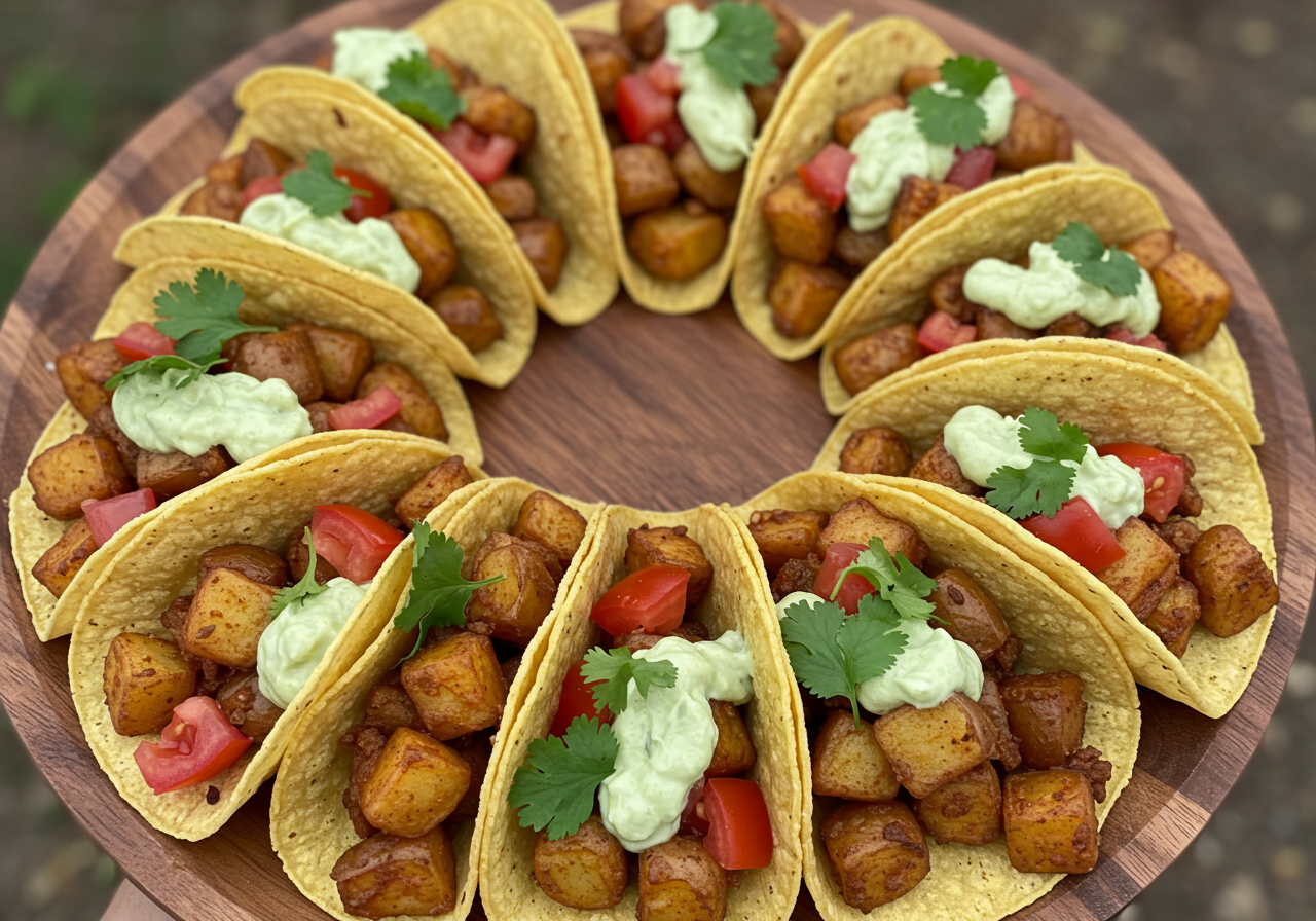 Mexican Spiced Potato and Tomato Tacos with Avocado Crema